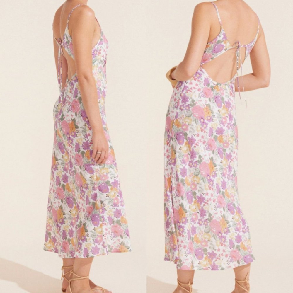 AUGUSTE the Label Cyd Midi Slip Dress floral Khaki Olive XXL tie back BNWT Satin - Picture 4 of 16